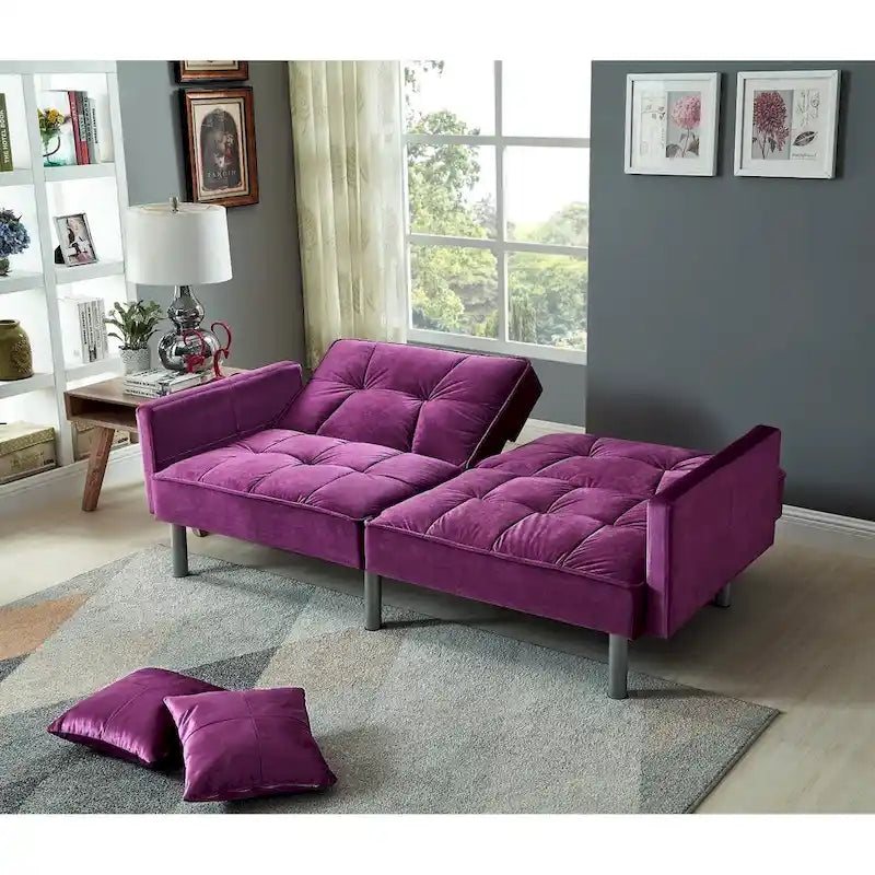 Canapé-lit convertible en velours, accoudoirs carrés, 2 places – Violet / Bleu / Gris / Marron