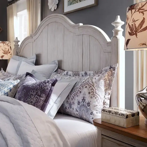 Farmhouse Reimagined Antique White with Chestnut King Poster Headboard