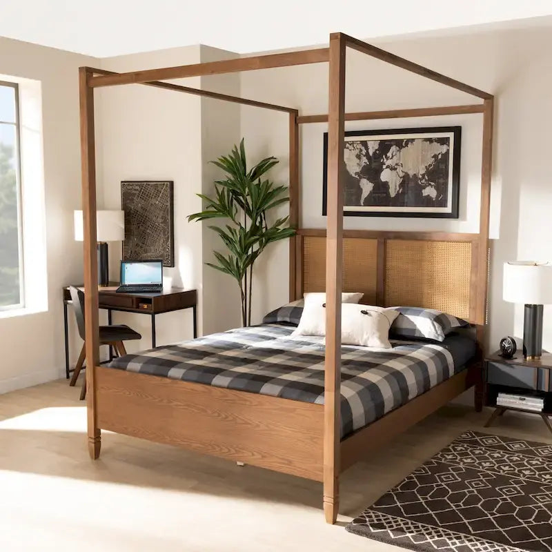 Lit à baldaquin moderne noyer marron – Grand lit/Très grand lit, 1–2 personnes