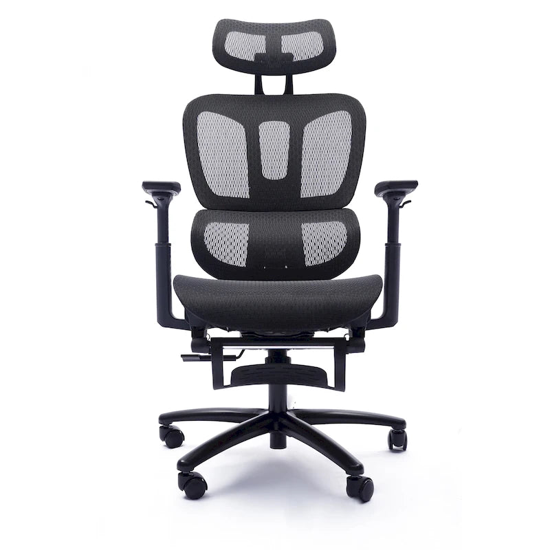Fauteuil de bureau noir en maille à dossier haut avec repose-pieds et accoudoirs 4D, 1 place