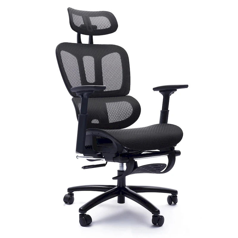 Fauteuil de bureau noir en maille à dossier haut avec repose-pieds et accoudoirs 4D, 1 place