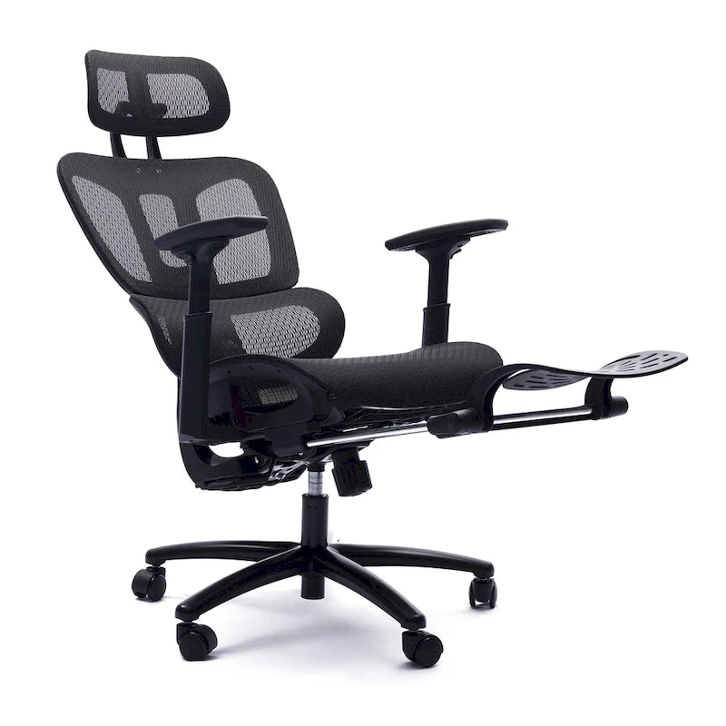 Fauteuil de bureau noir en maille à dossier haut avec repose-pieds et accoudoirs 4D, 1 place