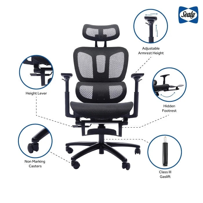 Fauteuil de bureau noir en maille à dossier haut avec repose-pieds et accoudoirs 4D, 1 place