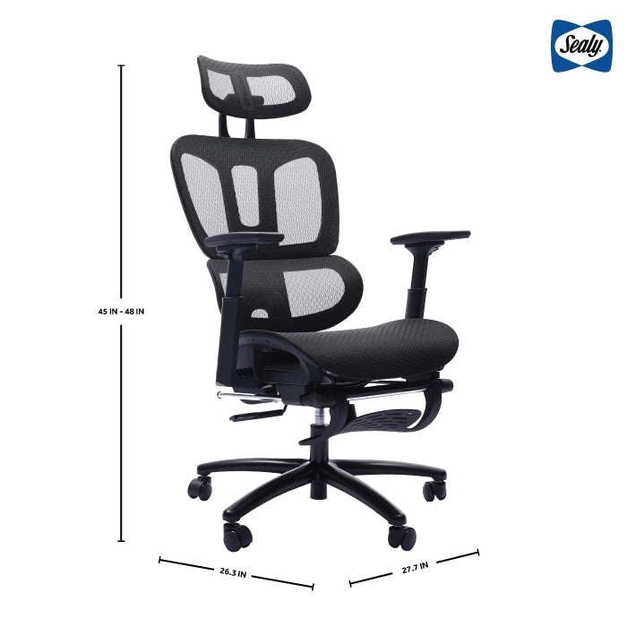 Fauteuil de bureau noir en maille à dossier haut avec repose-pieds et accoudoirs 4D, 1 place