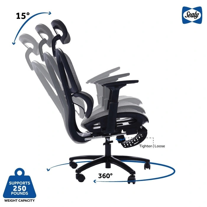 Fauteuil de bureau noir en maille à dossier haut avec repose-pieds et accoudoirs 4D, 1 place