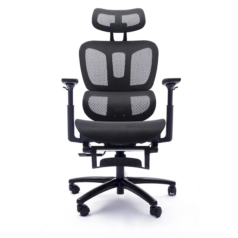 Fauteuil de bureau noir en maille à dossier haut avec repose-pieds et accoudoirs 4D, 1 place