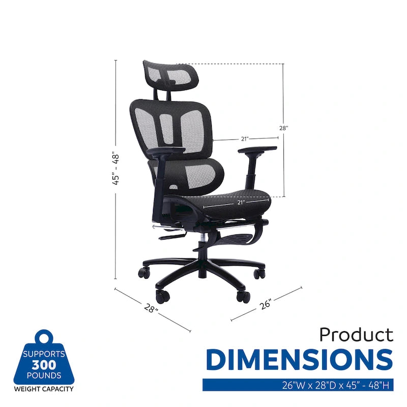 Fauteuil de bureau noir en maille à dossier haut avec repose-pieds et accoudoirs 4D, 1 place