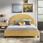 Lit plateforme queen tapissé mi-siècle gris argenté / jaune pâle / vert jonc de mer / blanc