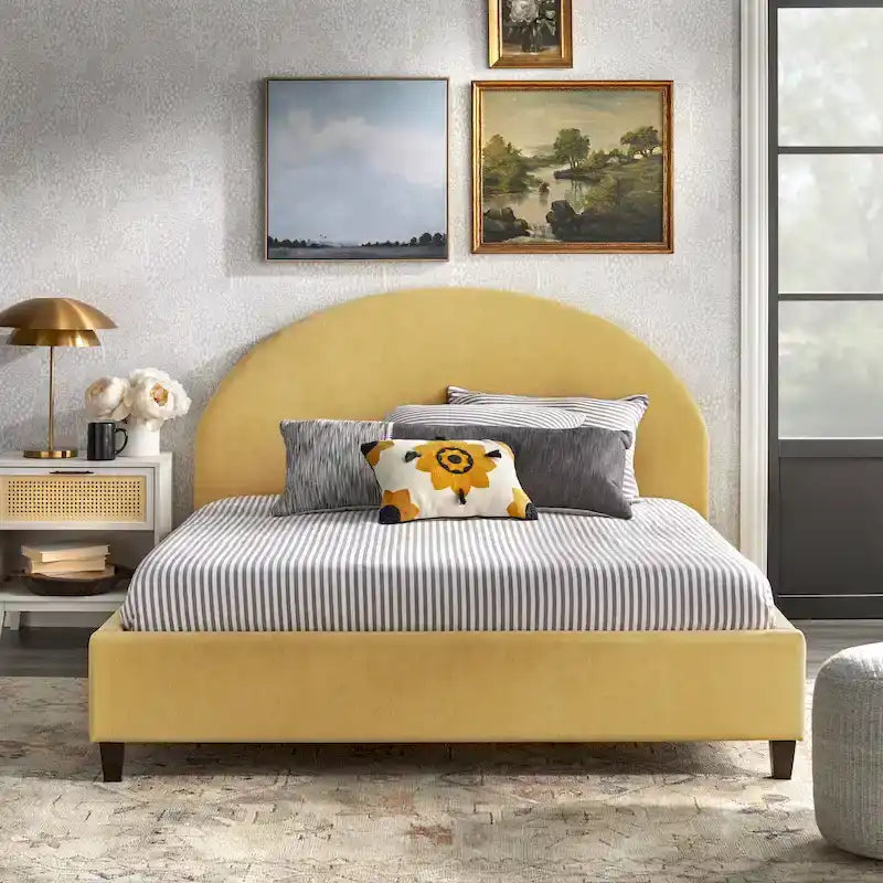 Lit plateforme queen tapissé mi-siècle gris argenté / jaune pâle / vert jonc de mer / blanc