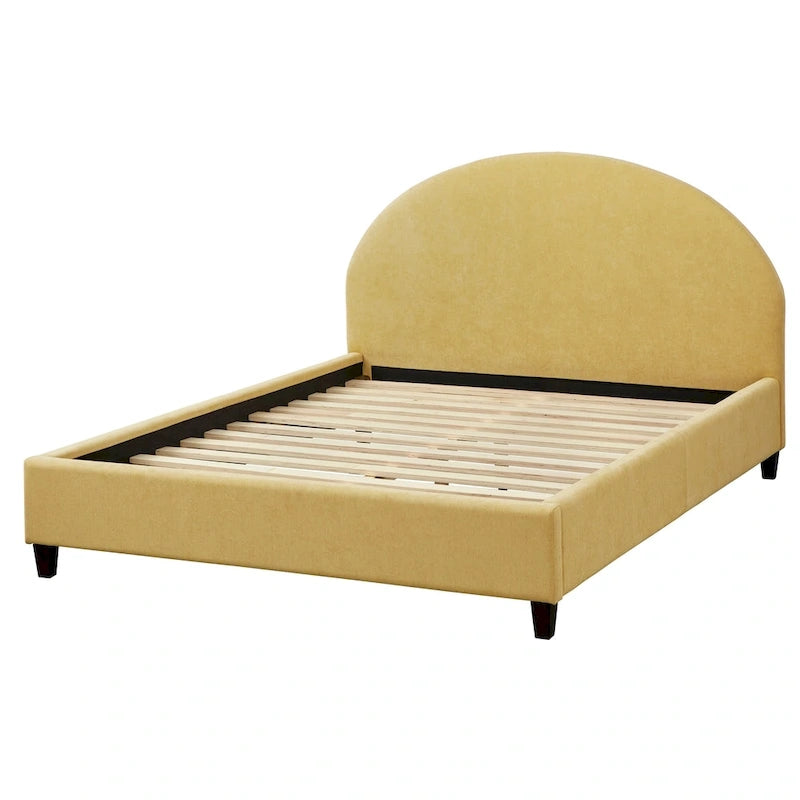 Lit plateforme queen tapissé mi-siècle gris argenté / jaune pâle / vert jonc de mer / blanc