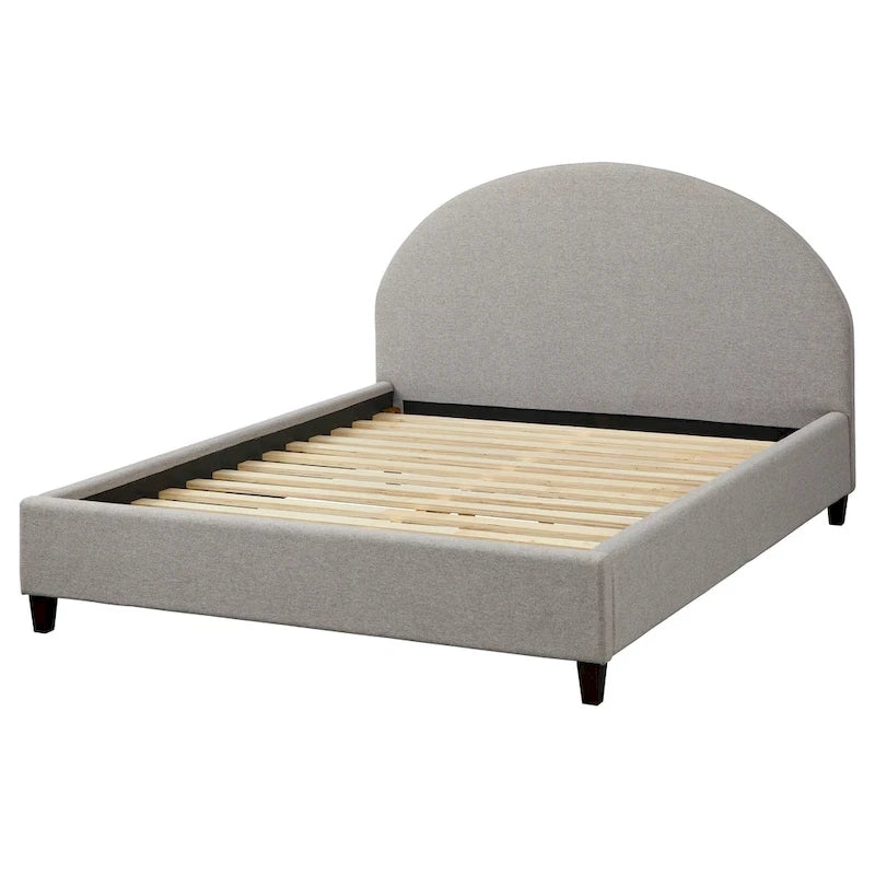 Lit plateforme queen tapissé mi-siècle gris argenté / jaune pâle / vert jonc de mer / blanc