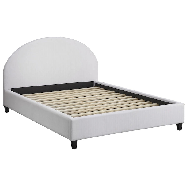 Lit plateforme queen tapissé mi-siècle gris argenté / jaune pâle / vert jonc de mer / blanc