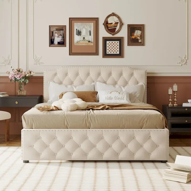 Lit plateforme queen en lin beige avec lit gigogne double et ports USB, capacité 2+1 personnes