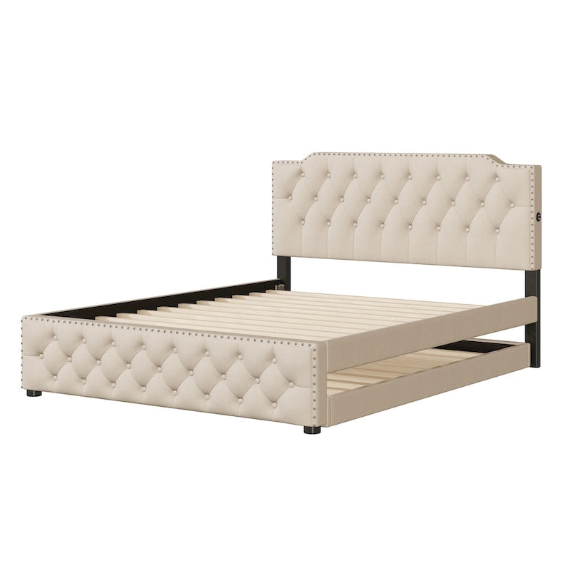 Lit plateforme queen en lin beige avec lit gigogne double et ports USB, capacité 2+1 personnes