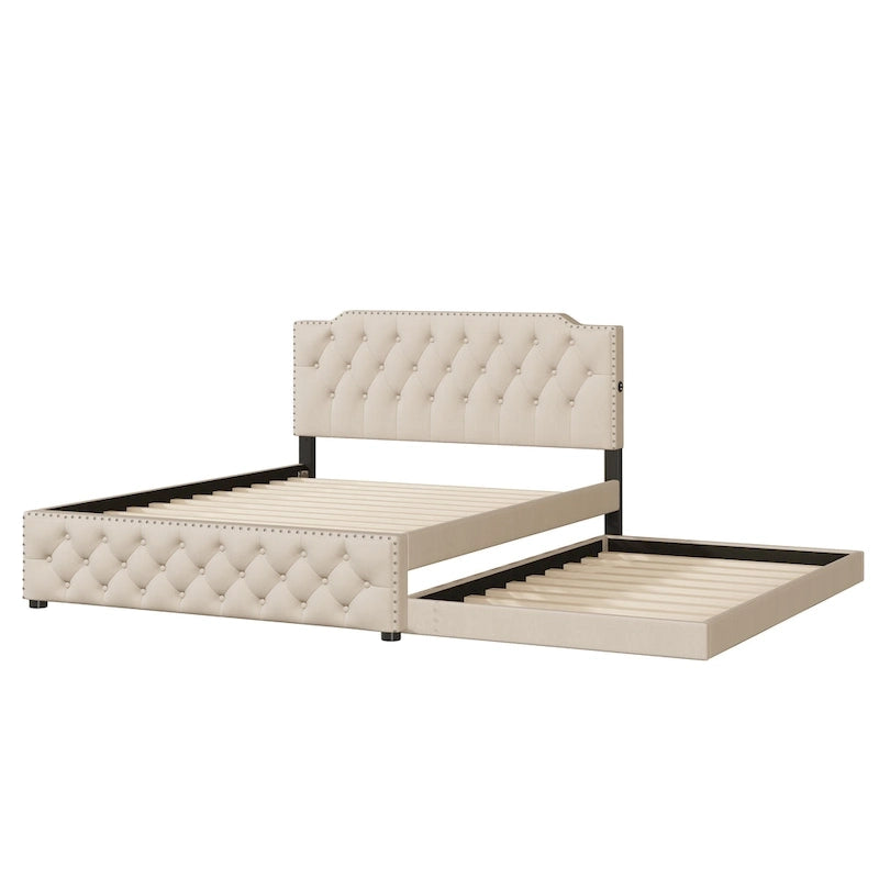 Lit plateforme queen en lin beige avec lit gigogne double et ports USB, capacité 2+1 personnes