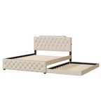 Lit plateforme queen en lin beige avec lit gigogne double et ports USB, capacité 2+1 personnes
