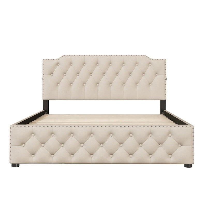 Lit plateforme queen en lin beige avec lit gigogne double et ports USB, capacité 2+1 personnes