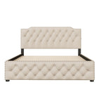 Lit plateforme queen en lin beige avec lit gigogne double et ports USB, capacité 2+1 personnes