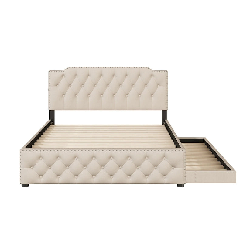 Lit plateforme queen en lin beige avec lit gigogne double et ports USB, capacité 2+1 personnes