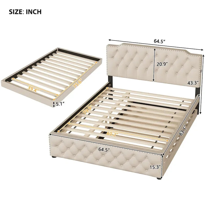 Lit plateforme queen en lin beige avec lit gigogne double et ports USB, capacité 2+1 personnes