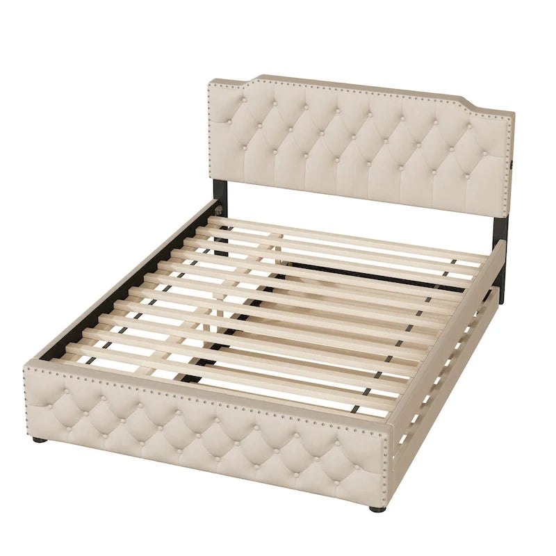 Lit plateforme queen en lin beige avec lit gigogne double et ports USB, capacité 2+1 personnes