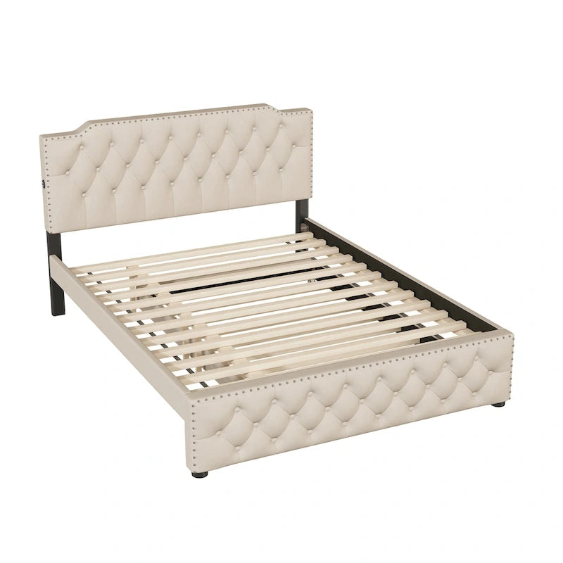 Lit plateforme queen en lin beige avec lit gigogne double et ports USB, capacité 2+1 personnes