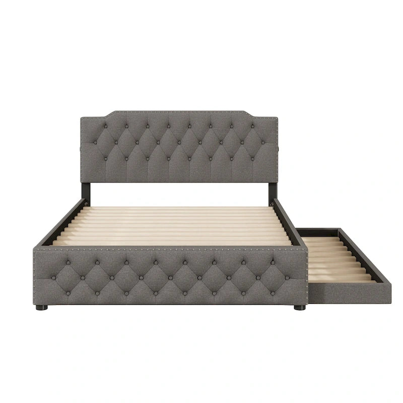 Lit plateforme queen en lin beige avec lit gigogne double et ports USB, capacité 2+1 personnes