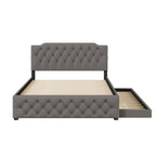 Lit plateforme queen en lin beige avec lit gigogne double et ports USB, capacité 2+1 personnes