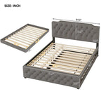 Lit plateforme queen en lin beige avec lit gigogne double et ports USB, capacité 2+1 personnes