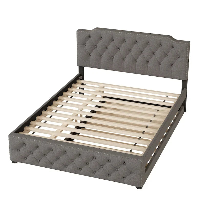 Lit plateforme queen en lin beige avec lit gigogne double et ports USB, capacité 2+1 personnes