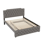 Lit plateforme queen en lin beige avec lit gigogne double et ports USB, capacité 2+1 personnes
