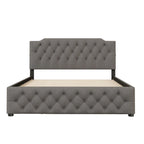 Lit plateforme queen en lin beige avec lit gigogne double et ports USB, capacité 2+1 personnes