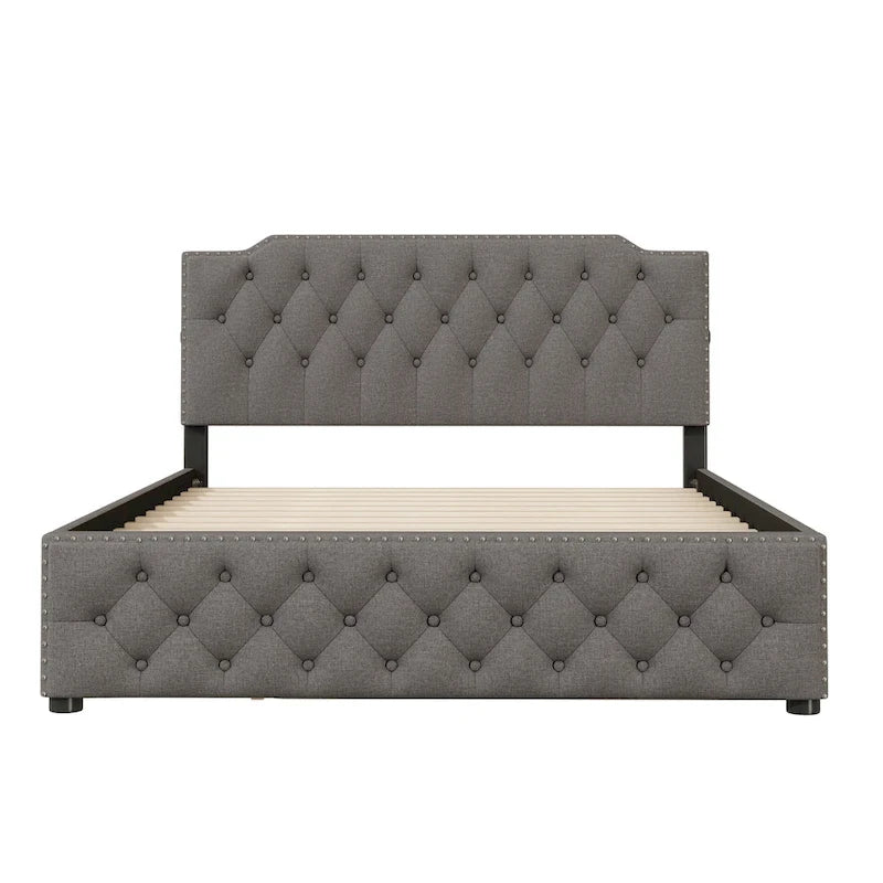 Lit plateforme queen en lin beige avec lit gigogne double et ports USB, capacité 2+1 personnes