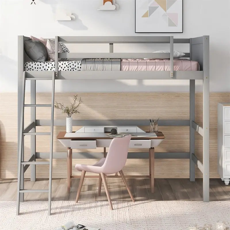 Lit mezzanine simple en pin massif avec échelle, blanc/gris/espresso – 1 personne