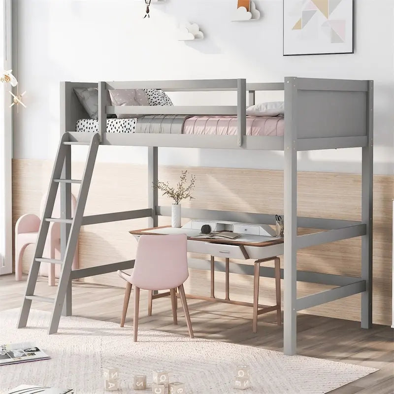 Lit mezzanine simple en pin massif avec échelle, blanc/gris/espresso – 1 personne