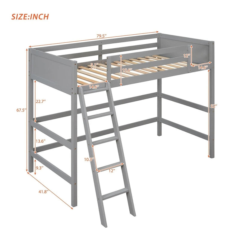 Lit mezzanine simple en pin massif avec échelle, blanc/gris/espresso – 1 personne