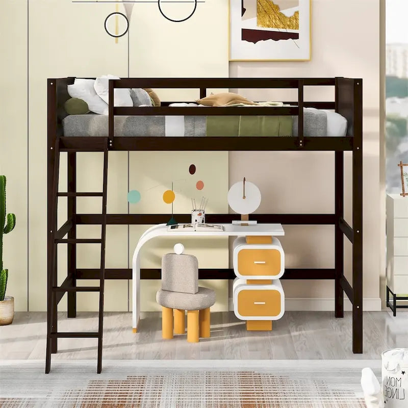 Lit mezzanine simple en pin massif avec échelle, blanc/gris/espresso – 1 personne