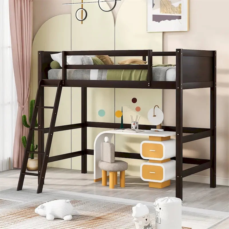 Lit mezzanine simple en pin massif avec échelle, blanc/gris/espresso – 1 personne