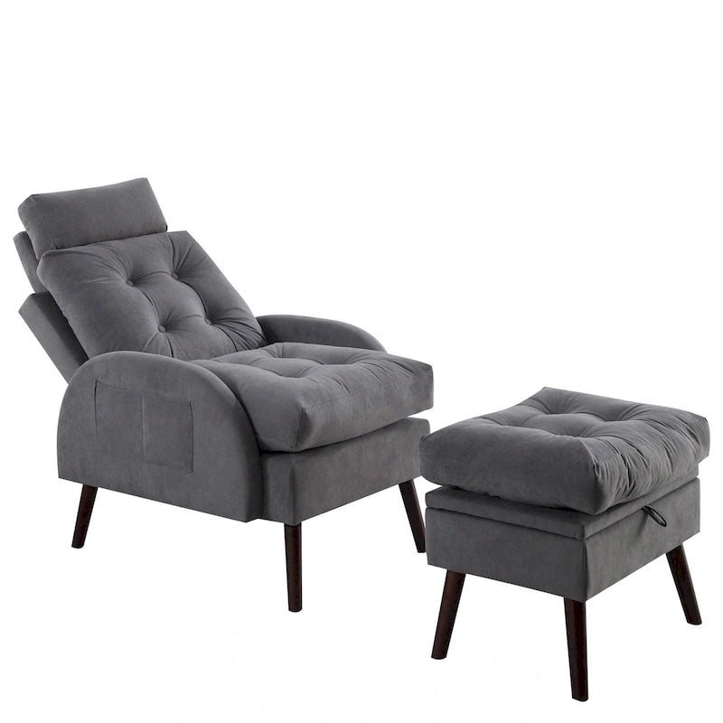 Chaise longue en velours gris/beige/gris foncé avec pouf de rangement – Individuel