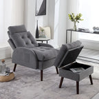 Chaise longue en velours gris/beige/gris foncé avec pouf de rangement – Individuel