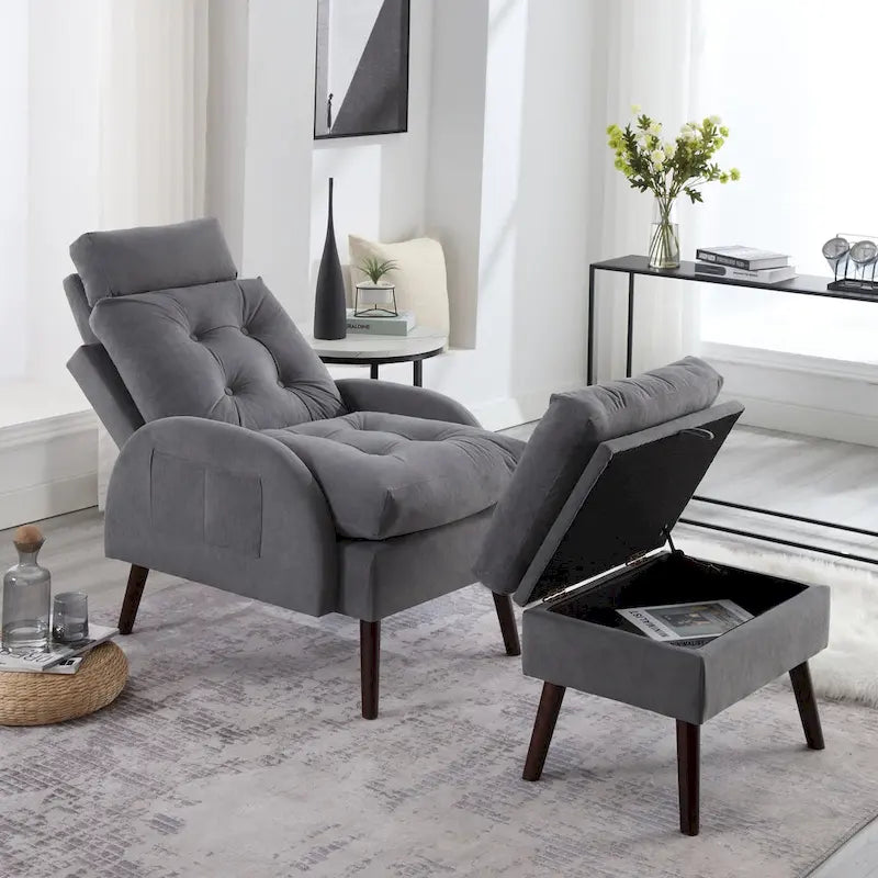 Chaise longue en velours gris/beige/gris foncé avec pouf de rangement – Individuel