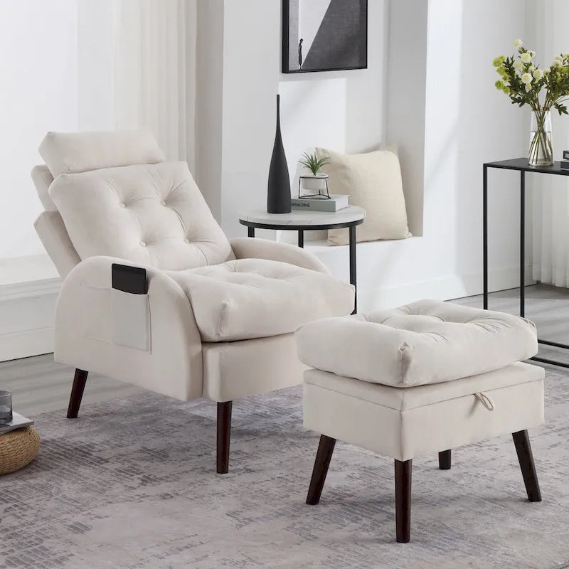 Chaise longue en velours gris/beige/gris foncé avec pouf de rangement – Individuel