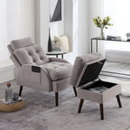 Chaise longue en velours gris/beige/gris foncé avec pouf de rangement – Individuel