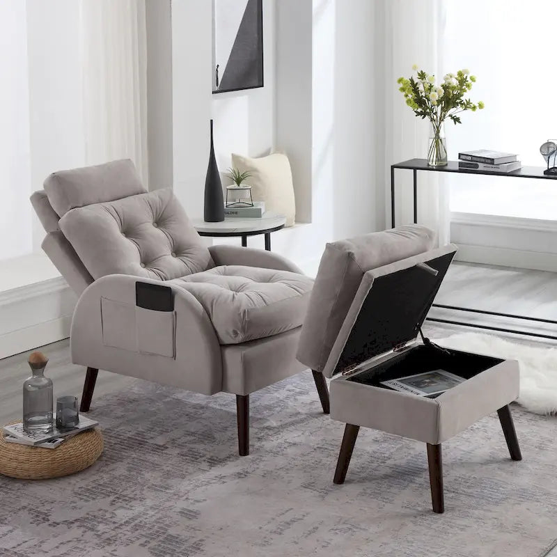 Chaise longue en velours gris/beige/gris foncé avec pouf de rangement – Individuel