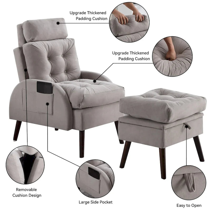Chaise longue en velours gris/beige/gris foncé avec pouf de rangement – Individuel