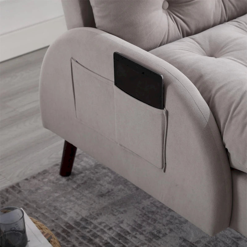 Chaise longue en velours gris/beige/gris foncé avec pouf de rangement – Individuel