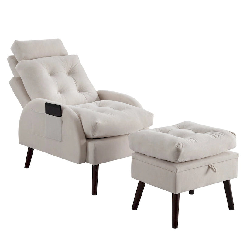 Chaise longue en velours gris/beige/gris foncé avec pouf de rangement – Individuel