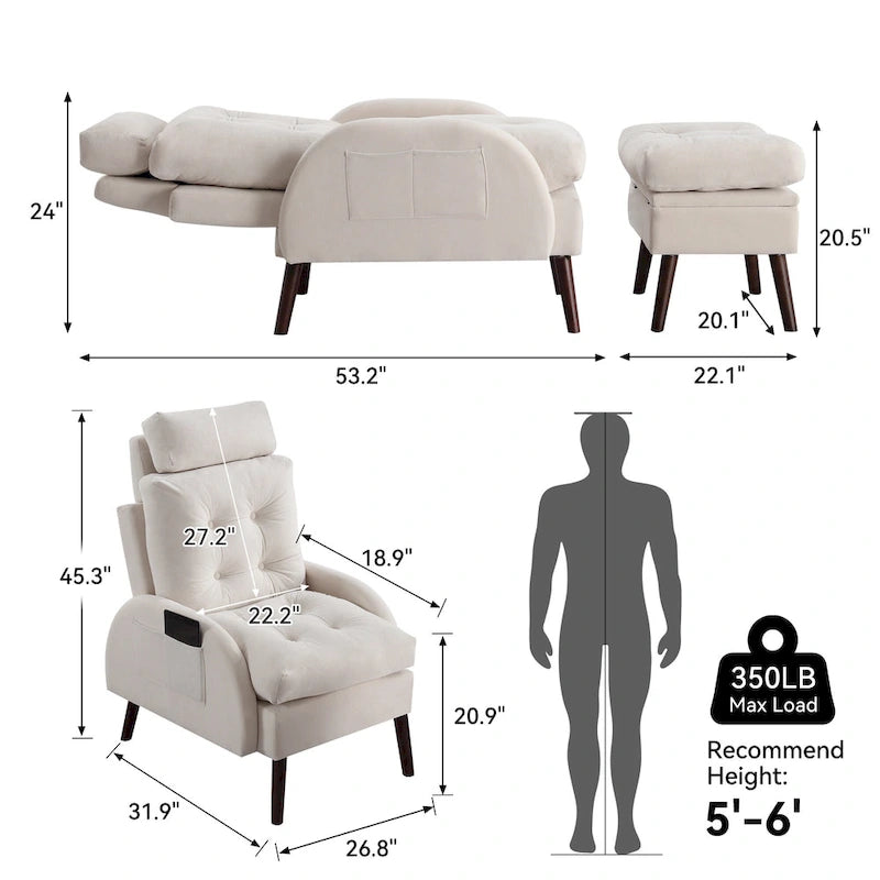 Chaise longue en velours gris/beige/gris foncé avec pouf de rangement – Individuel