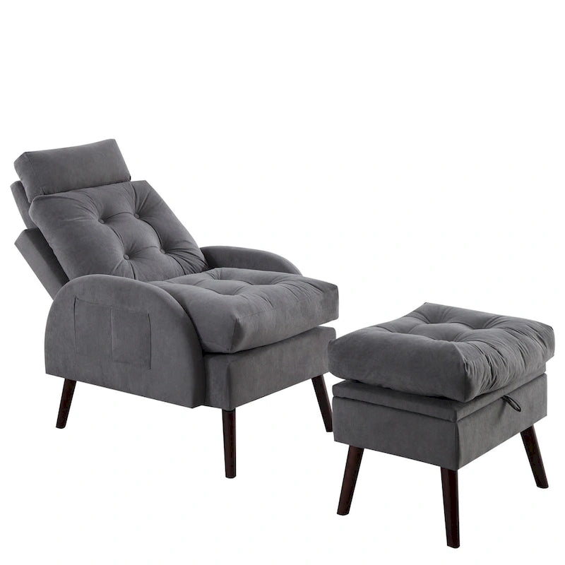 Chaise longue en velours gris/beige/gris foncé avec pouf de rangement – Individuel