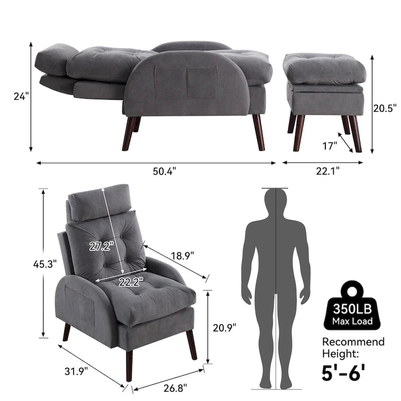 Chaise longue en velours gris/beige/gris foncé avec pouf de rangement – Individuel